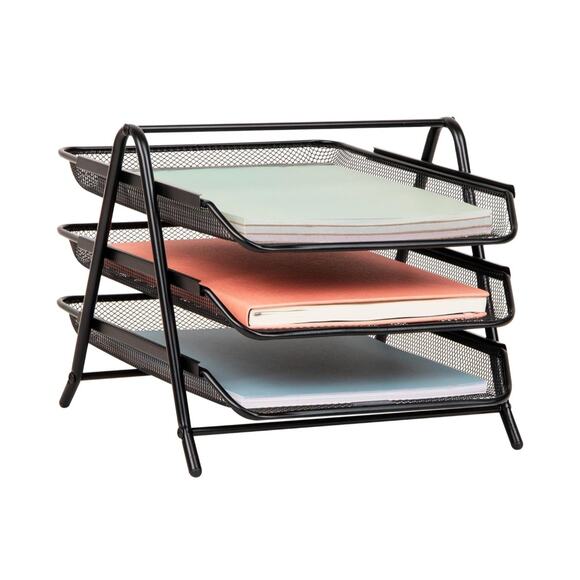 3-Tier Paper Tray Organizer File Storage Metal Mesh 11.75"L x 13.75"W x 10"H - Picture 1 of 3